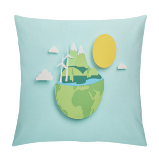Personality  Top View Of Paper Cut Planet With Renewable Energy Sources On Turquoise Background, Earth Day Concept Pillow Covers