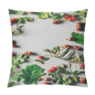 Personality  Top View Of Arrangement With Common Sea Buckthorn, Briar And Acorns Autumn Herbs On Grey Backdrop Pillow Covers