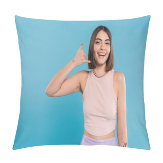Personality  Showing Call Me, Happy Young Woman With Short Hair Gesturing And Looking At Camera On Blue Background, Casual Attire, Gen Z Fashion, Personal Style, Nose Piercing, Positivity  Pillow Covers