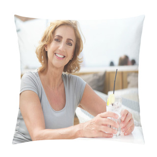 Personality  Mature Woman Smiling With Glass Of Water At Restaurant Pillow Covers