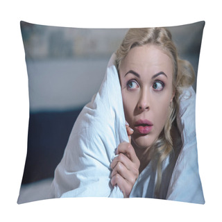 Personality  Selective Focus Of Frightened Woman Covered In Blanket Looking Away In Bedroom Pillow Covers
