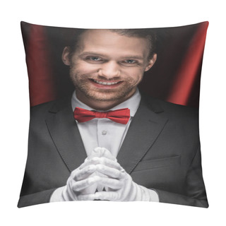 Personality  Smiling Gentleman In Suit, Bow Tie And Gloves In Circus With Red Curtains Pillow Covers