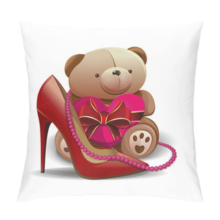 Personality  Women Shoe, Pink Beads, Teddy Bear, Heart. Design Elements For Birthday, 8 March, Mothers Day, Valentine's Day Pillow Covers