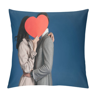 Personality  Couple Covering Faces With Heart Shaped Piece Of Paper Isolated On Blue Pillow Covers