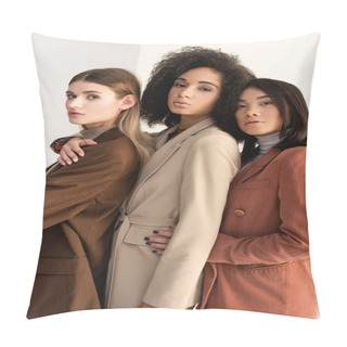 Personality  Interracial Young Women In Pastel Formal Wear Posing On White Pillow Covers