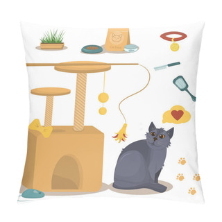 Personality   Vector Illustration On The Theme Of Domestic Cats. British Grey Cat Along With A Cat House, Food And Toys For The Cats Who Live In The House. Pillow Covers