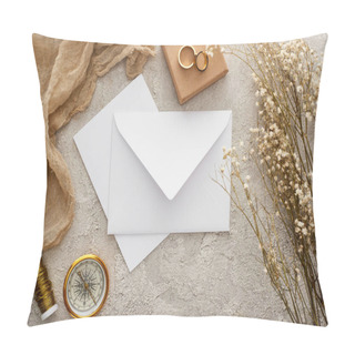 Personality  Top View Of Envelope Near Beige Sackcloth, Golden Compass And Wedding Rings On Textured Surface Pillow Covers