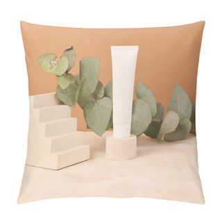Personality  Blank Cosmetics Tube On The Round Pedestal.Empty Geometric Stairs Near It.Fresh Branch Of Eucalyptus On The Back.Trendy Isometric Background.Pastel Colors Pillow Covers