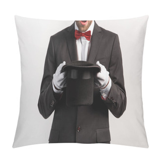 Personality  Cropped View Of Shocked Magician Holding Hat, Isolated On Grey Pillow Covers