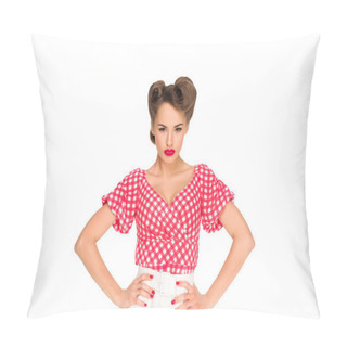 Personality  Portrait Of Beautiful Young Woman In Retro Style Clothing Standing Akimbo Isolated On White Pillow Covers