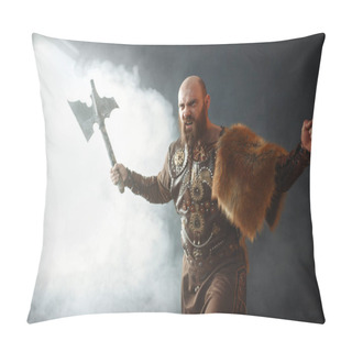 Personality  Angry Viking With Axe, Martial Spirit, Barbarian Image. Ancient Warrior In Smoke On Dark Background Pillow Covers