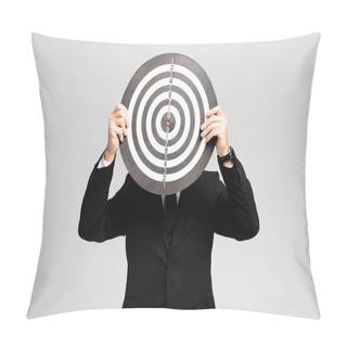 Personality  Businessman In Suit Obscuring Face With Darts Board Isolated On Grey Pillow Covers