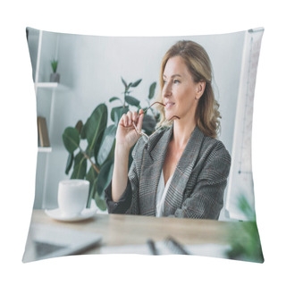 Personality  Attractive Businesswoman Biting Glasses And Looking Away In Office Pillow Covers