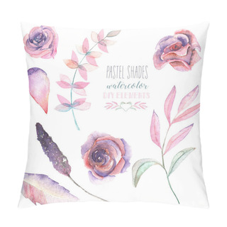 Personality  Set With Isolated Watercolor Floral Elements: Tender Flowers And Leaves In Pastel Shades, Hand Drawn On A White Background Pillow Covers