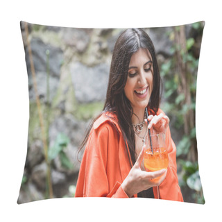 Personality  Smiling Brunette Woman Holding Cocktail With Drinking Straw On Terrace Of Cafe  Pillow Covers