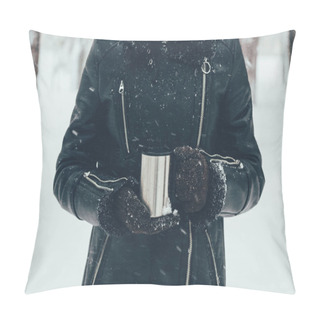 Personality  Partial View Of Woman Holding Thermocup With Hot Drink On Winter Day Pillow Covers