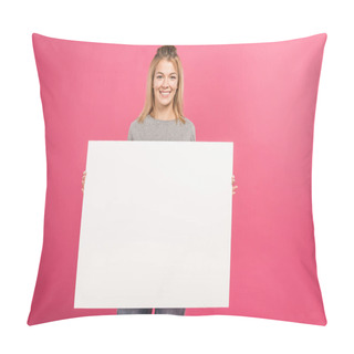 Personality  Attractive Woman Holding Empty Board, Isolated On Pink Pillow Covers