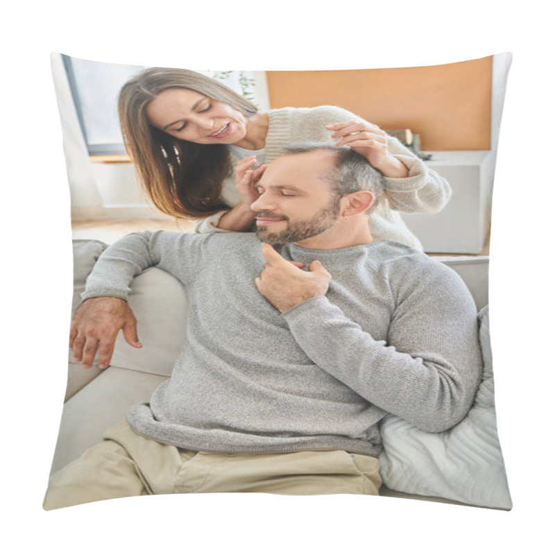 Personality  Smiling Wife Touching Head Of Pleased Husband Sitting On Couch With Closed Eyes, Child-free Couple Pillow Covers