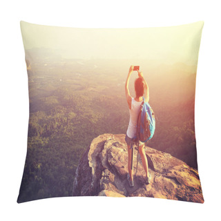 Personality  Hiker On Mountain Top With Smartphone Pillow Covers