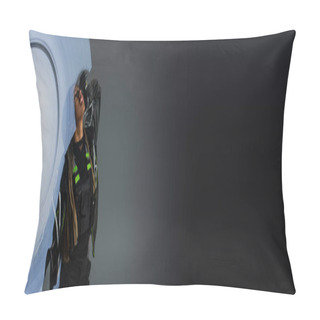 Personality  Sequence Shot Of Stylish African American Woman Posing Near Abstraction On Grey Background, Banner  Pillow Covers