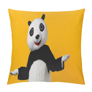 Personality  Confused Person In Panda Bear Costume Showing Shrug Gesture Isolated On Yellow  Pillow Covers