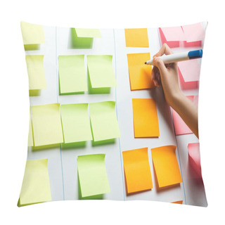 Personality  Cropped View Of Businesswoman Writing On Stickers Notes With Copy Space Pillow Covers