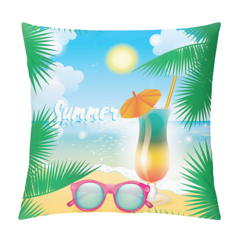 Personality  Multicolored Cocktail On The Background Of The Beach, The Sea And Palm Branches. Vector Illustration For A Postcard Or A Poster. Night Club Or Bar. Summer. Pillow Covers