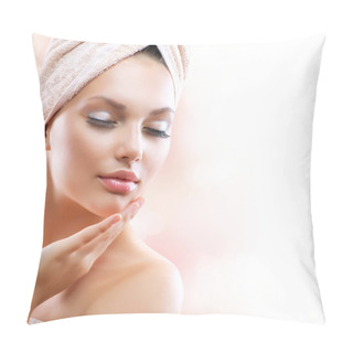 Personality  Spa Girl. Beautiful Young Woman After Bath Touching Her Face Pillow Covers