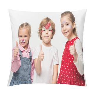 Personality  Cheerful Friends With Colorful Face Paintings Showing Thumbs Up While Looking At Camera Isolated On White Pillow Covers