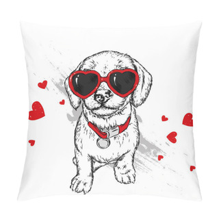 Personality  Portrait Of A Dog Or Puppy With Glasses In Shape Of Heart. Vector Illustration For Greeting Card Or Poster, Print On Clothes. Pillow Covers