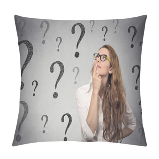 Personality  Thinking Business Woman With Glasses Looking Up On Many Questions Mark Pillow Covers