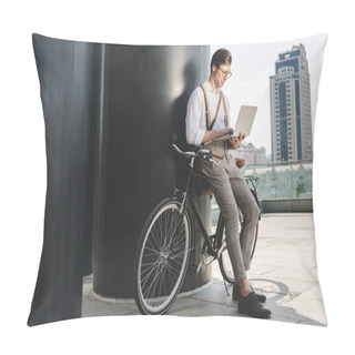 Personality  Stylish Young Man Working With Laptop While Leaning On Vintage Bicycle Pillow Covers
