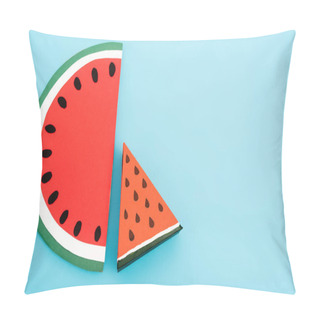 Personality  Top View Of Paper Watermelon Slices On Blue Background Pillow Covers