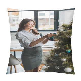 Personality  Cheerful Businesswoman Standing Near Decorated Christmas Tree In Office  Pillow Covers