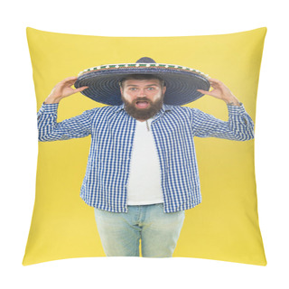 Personality  Full Of Emotions. Hipster In Wide Brim Hat. Traditional Fashion Accessory For Mexican Costume Party. Mexican Man Wearing Sombrero. Bearded Man In Mexican Hat. He Is In Love With Mexican Style Pillow Covers