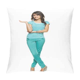 Personality  Woman Showing On The Palm Blank Copy Space Pillow Covers