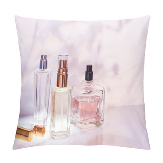 Personality  Perfume Bottle On A Light Pink Floral Background. Selective Focus. Perfumery Collection, Cosmetics Pillow Covers