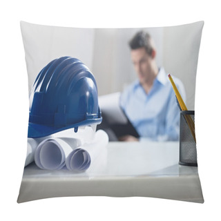 Personality  Hardhat And Blueprint On Desk, With Architect In Background Pillow Covers