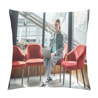 Personality  Young Man In Smart Wear Focused On His Work Sitting On Chair With Glass Backdrop, Coworking Concept Pillow Covers