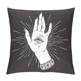 Personality  Spiritual Hand With The Allseeing Eye On The Palm. Occult Design Vector Illustration Pillow Covers