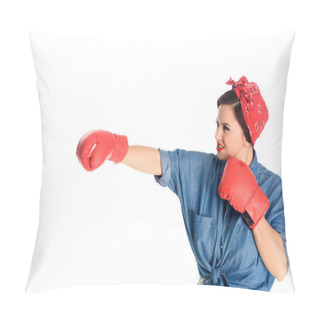Personality  Attractive Size Plus Woman In Boxing Gloves Hitting Isolated On White Pillow Covers