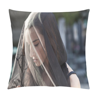 Personality  Woman Portrait In Mourning Looking Down Pillow Covers