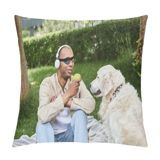 Personality  A Man With Myasthenia Gravis Sits On A Blanket Next To A White Labrador Dog In A Serene Moment Of Diversity And Inclusion. Pillow Covers