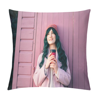 Personality  Relaxed Stylish Young Smiling Hipster Woman Wearing Color Hair, Pink Coat, Hat Holding Reusable Coffee Cup Leaning On Beach Hut And Enjoying Moment. Simple Pleasures And Personal Fulfillment Pillow Covers