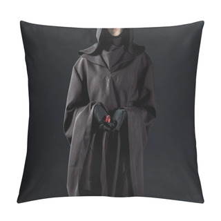 Personality  Cropped View Of Woman In Death Costume Holding Dice Isolated On Black Pillow Covers