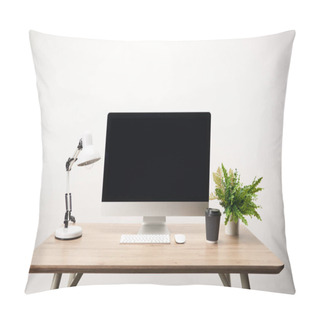 Personality  Workplace With Coffee To Go, Lamp, Green Plant And Desktop Computer With Copy Space Isolated On White Pillow Covers