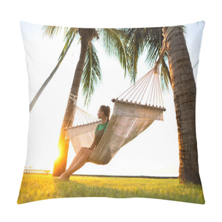 Personality  Girl In A Hammock Bother Palm Trees Enjoying A Tropical Vacation Pillow Covers