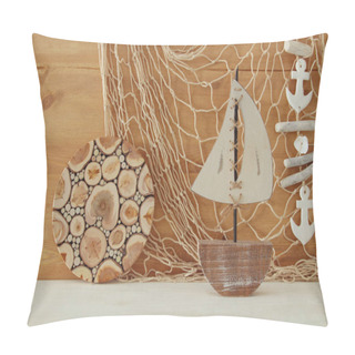 Personality  Nautical Concept With Sea Life Style Objects On Wooden Table. Pillow Covers