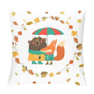 Personality  Cute Fox And Bear Hugging Under Umbrella In Wreath Of Autumn Leaves Pillow Covers