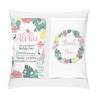 Personality  Green Pink Invitation Card With Plam, Pineapple,hibiscus,flamingo,banana Leaf,wreath And Flower In Summer Pillow Covers